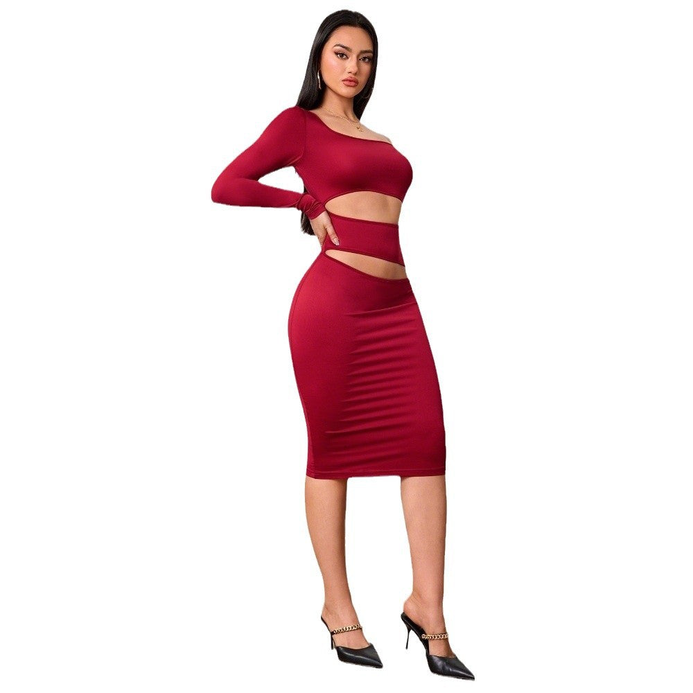 Damen Midi-Kleid mit Cut-Out-Details Asymmetrisch Langärmlig