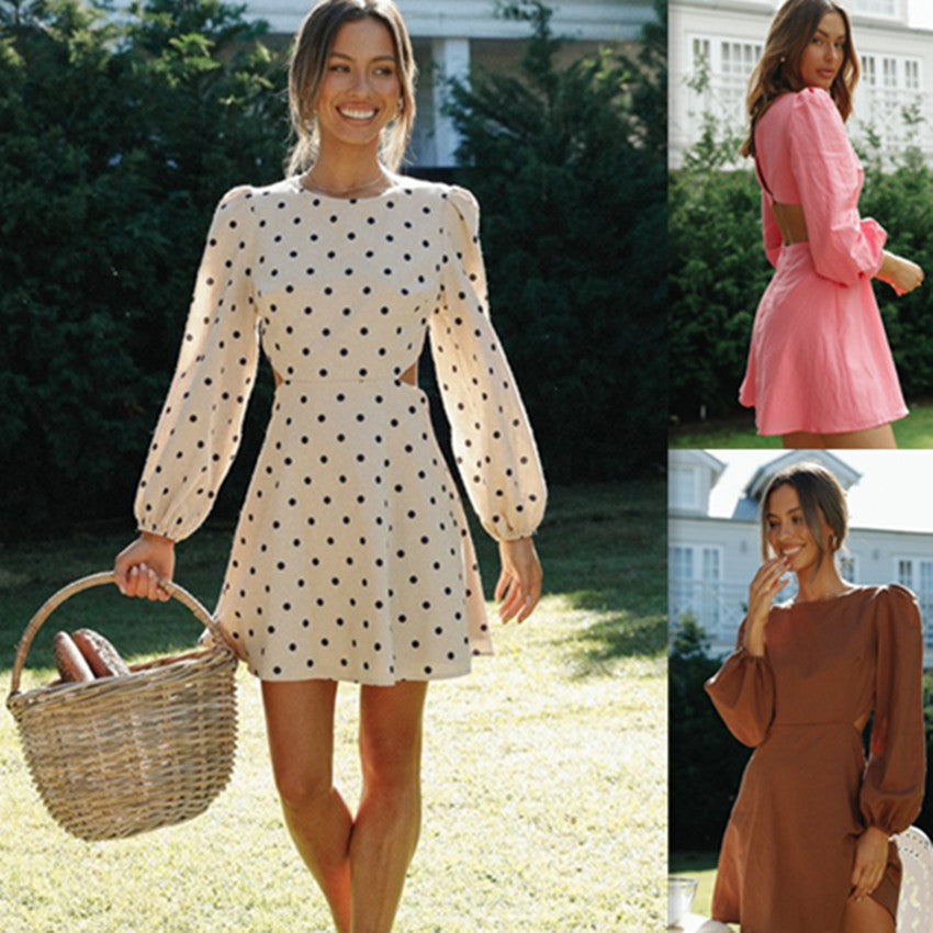 Damen Minikleid Polka-Dots Tailliert Voluminöse Ärmel - Eveloria