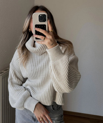Damen Grobstrickpullover Hochkragen Weitärmelig Eveloria