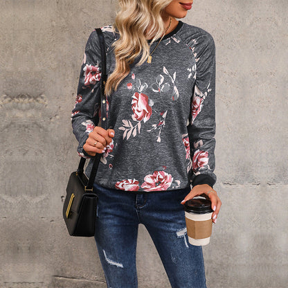 Damen Sweatshirt Blumenmuster Knopfdetails Eveloria