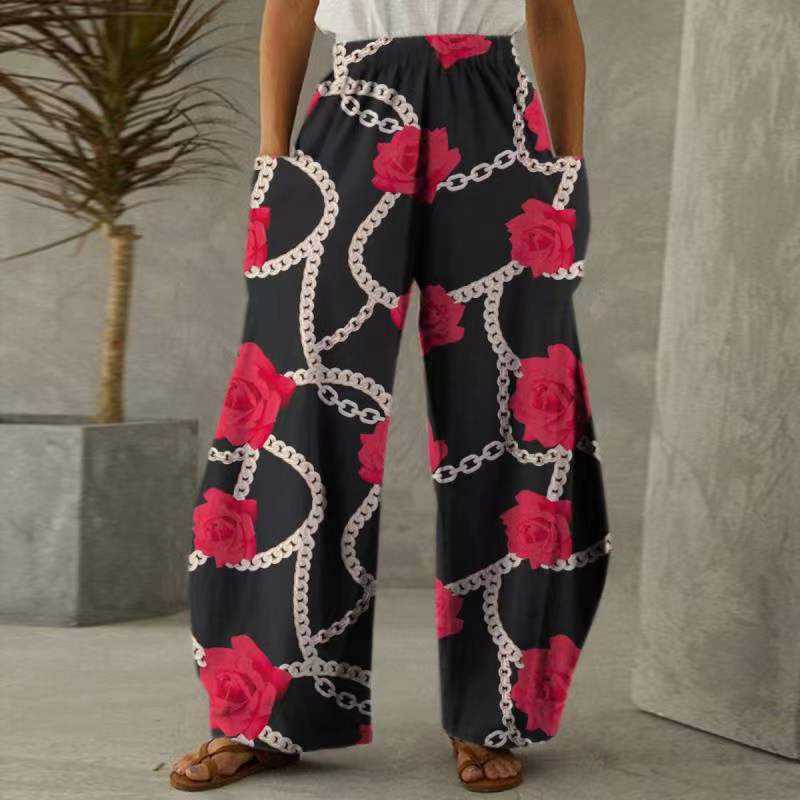 Damen Blumenhosen Weite mit Taschen Elastischer Bund