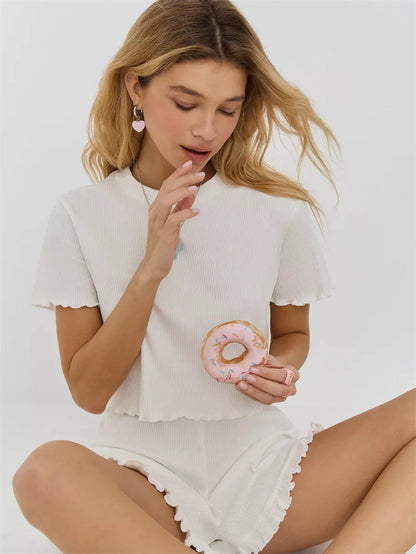 Damen Freizeit-Oberteil-Shorts-Set Rippstruktur Volant