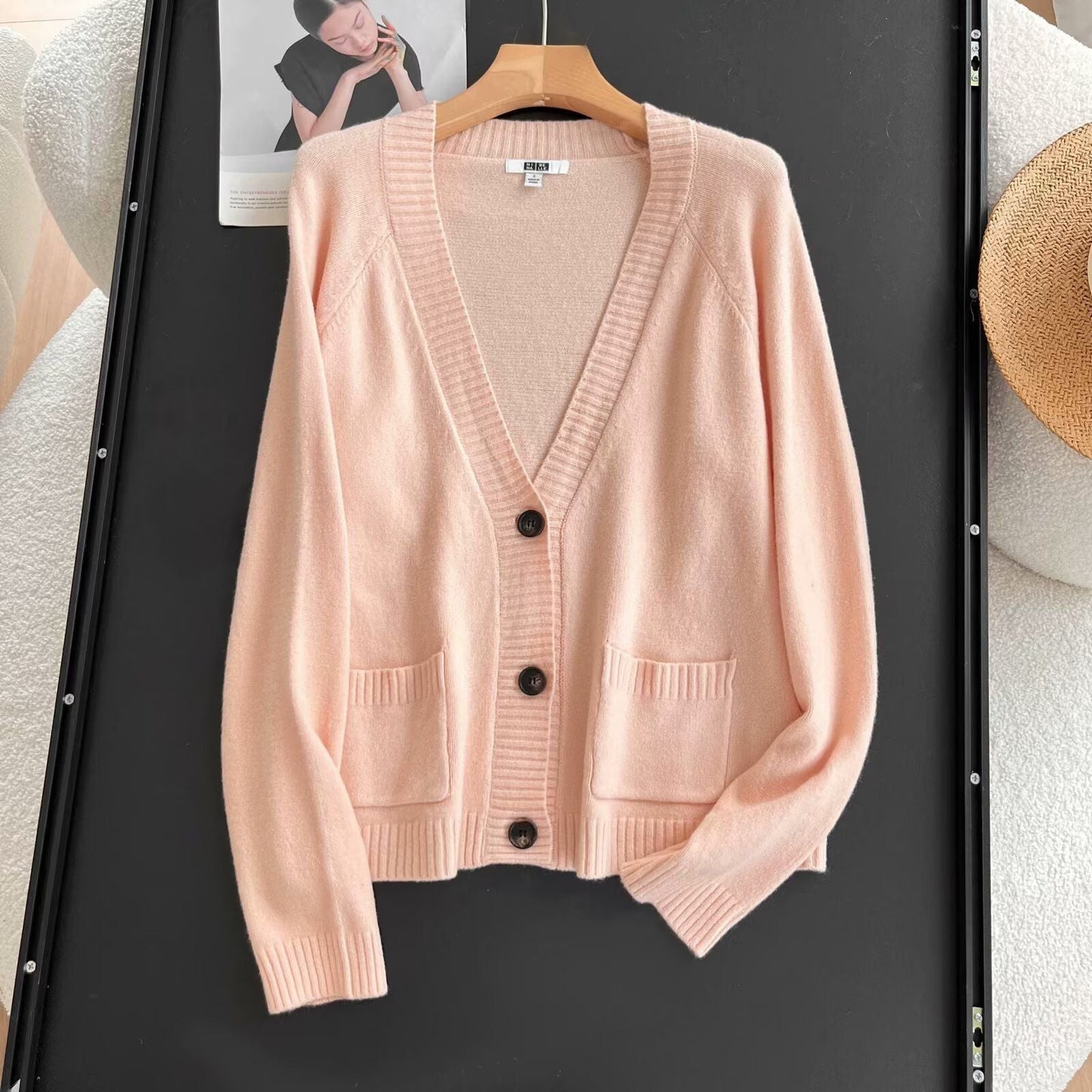 Damen Strickjacke Elegantes Design Praktische Taschen Anthrazit