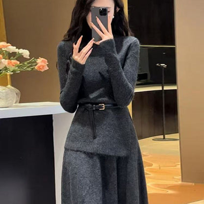 Damen Strickkleid Asymmetrischer Saum Mit Gürtel