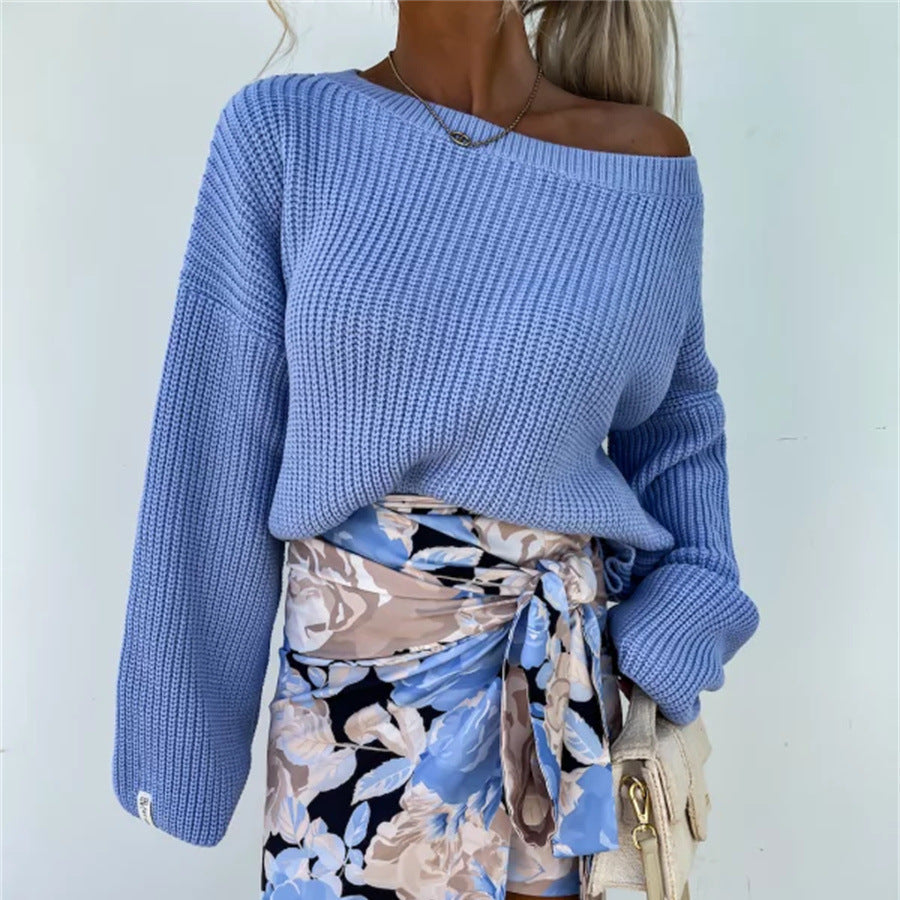 Damen Strickpullover Asymmetrischer Ausschnitt Lässig Beige