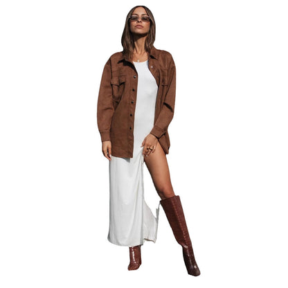 Damen Oversized Oberhemd Wildlederimitat Weich Beige