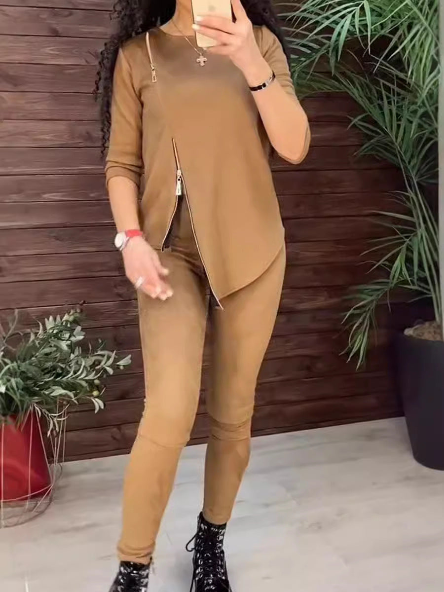 Damen Velours Loungewear Set Reißverschluss Anthrazit