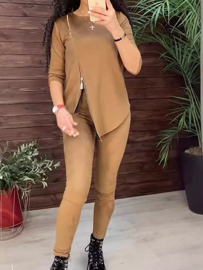 Damen Velours Loungewear Set Reißverschluss Anthrazit