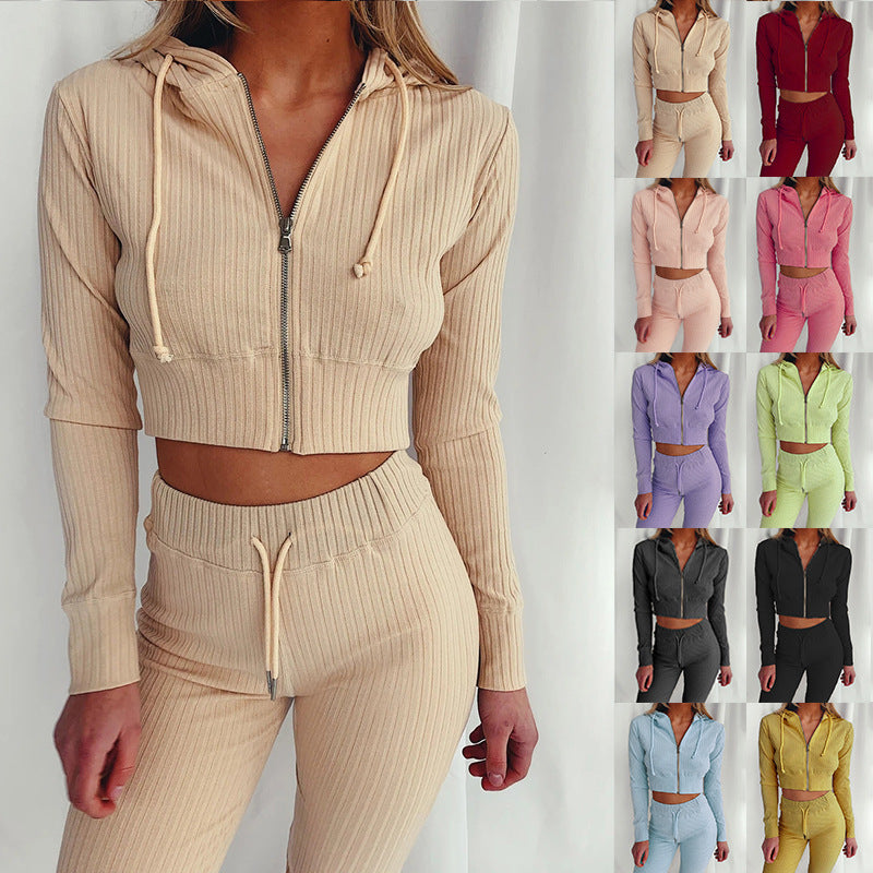 Damen Sportliches Hoodie-Set Feines Rippdesign Hochwertig Beige - Eveloria