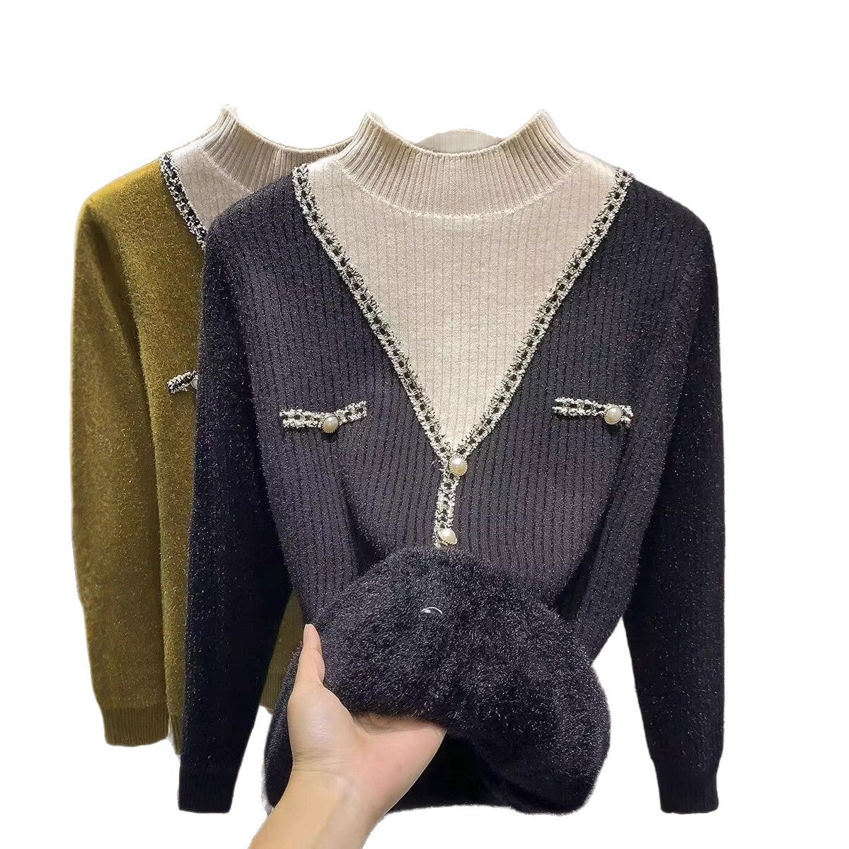Damen V-Pullover mit Schimmer-Details und Knöpfen Eveloria