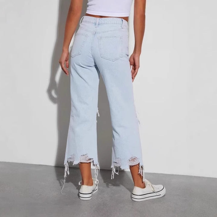 Damen Destroyed Jeans Weites Bein Freche Risse Blau Eveloria