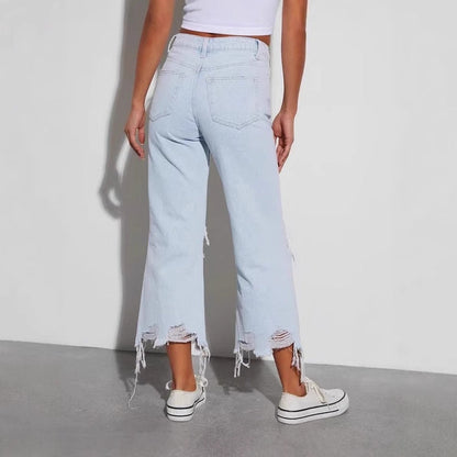 Damen Destroyed Jeans Weites Bein Freche Risse Blau Eveloria