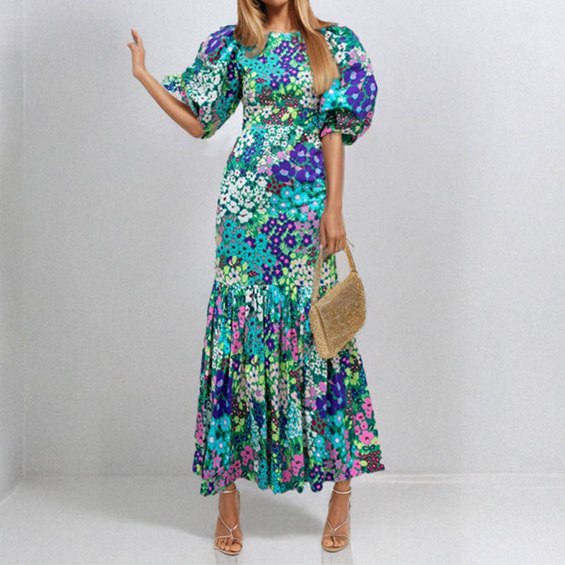 Damen Maxikleid Voluminöse Puffärmel Florales Muster Eveloria