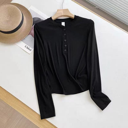 Damen Langarmshirt Baumwollmix Weich Knöpfe Eveloria