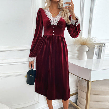 Damen Samtkleid Spitzenapplikation Knöpfe Eveloria