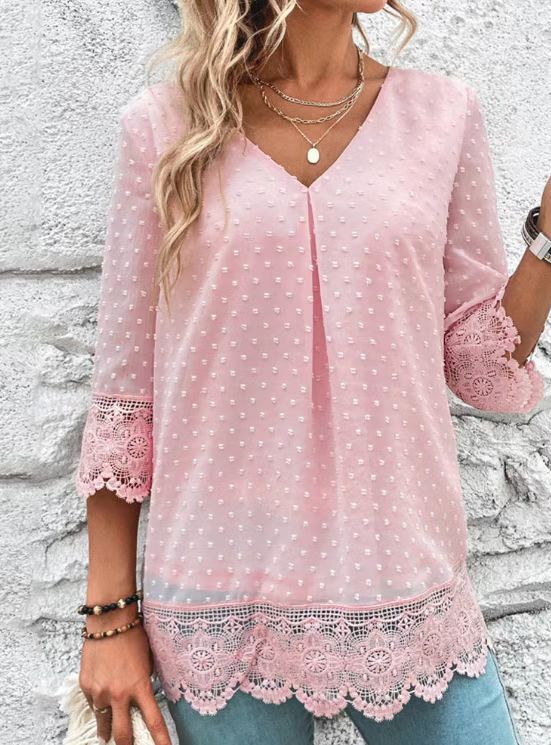 Damen Bluse Spitze Puffärmel Eveloria