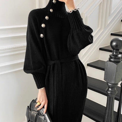 Damen Strickkleid mit Knöpfen und Taillengürtel