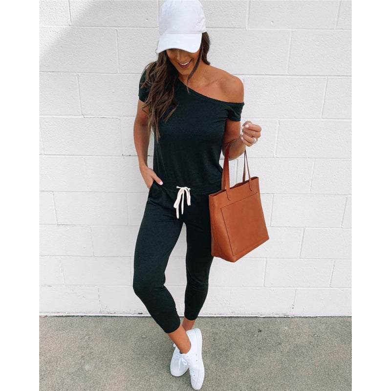 Damen Jumpsuit Asymmetrischer Ausschnitt Hohe Taille Eveloria