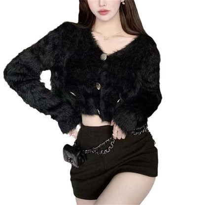 Damen Flauschcardigan Knöpfe Taschen Beige
