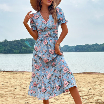 Damen Midikleid Floral Rüschendetails Taillierung