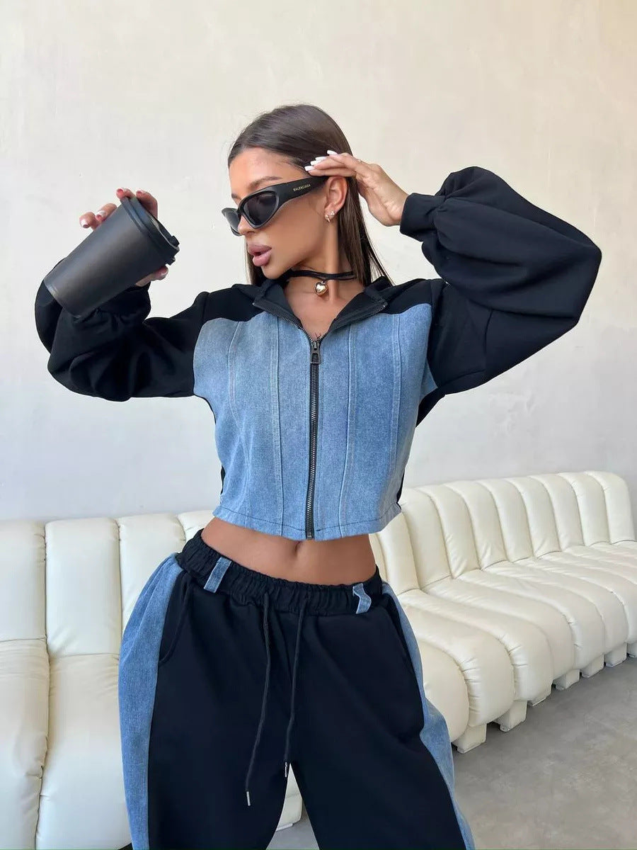 Damen Cropped Sweatjacke Jogginghose Set Ärmel Ballonform