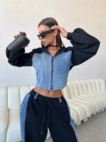 Damen Cropped Sweatjacke Jogginghose Set Ärmel Ballonform