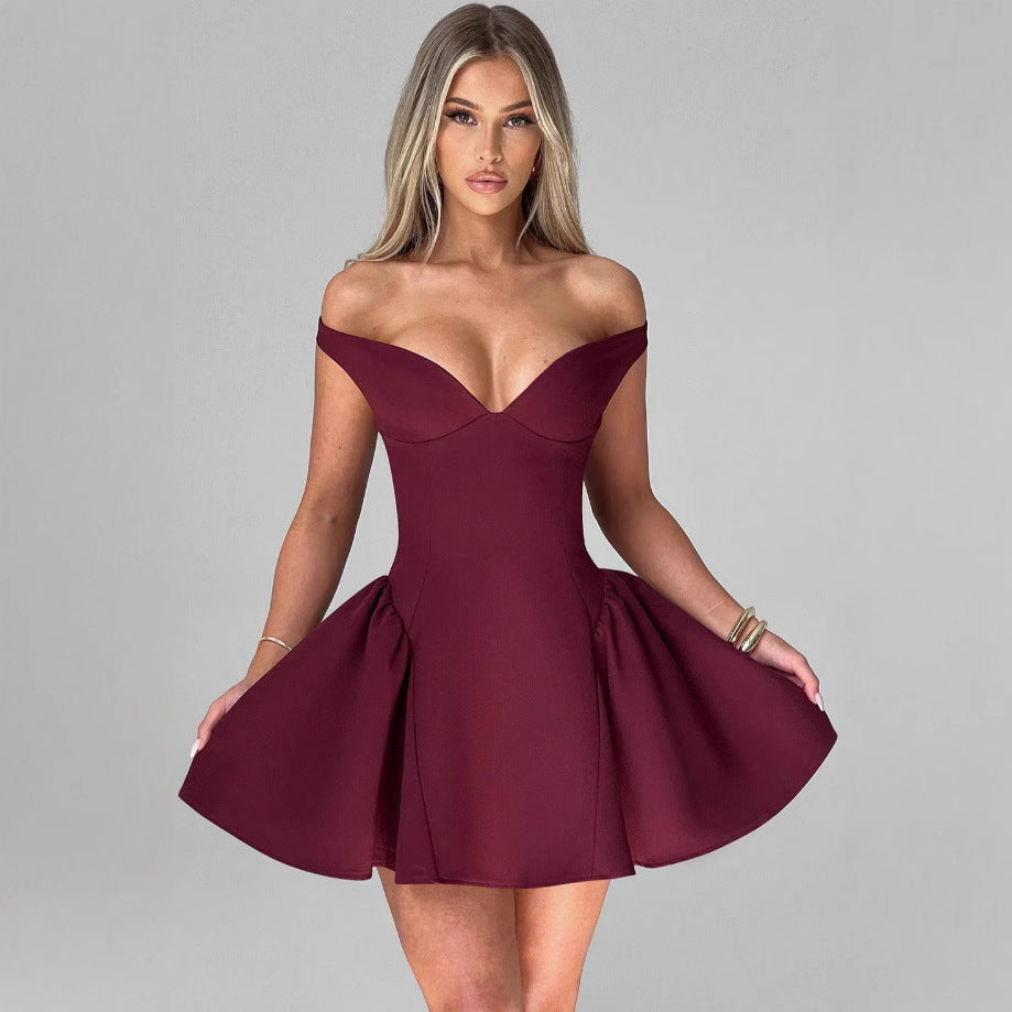 Damen Cocktailkleid Schulterfrei Voluminöser Rock Eveloria