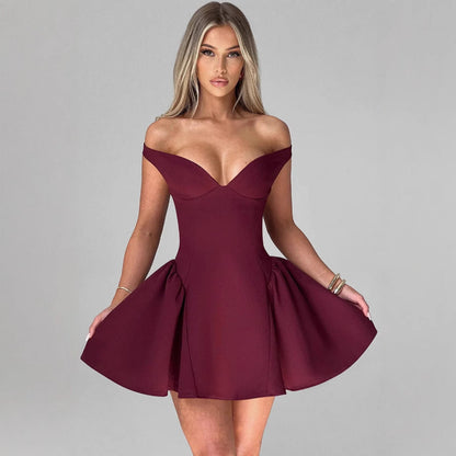 Damen Cocktailkleid Schulterfrei Voluminöser Rock Eveloria