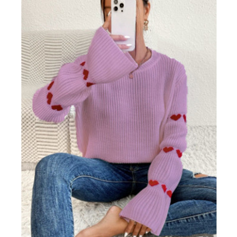 Damen Strickpullover Weite Ärmel Herz Applikation
