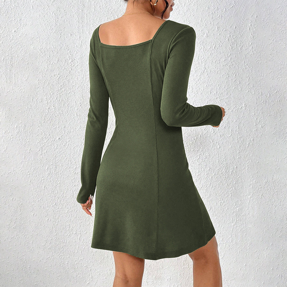 Damen Knopfleiste Kleid Langarm Quadrat-Ausschnitt