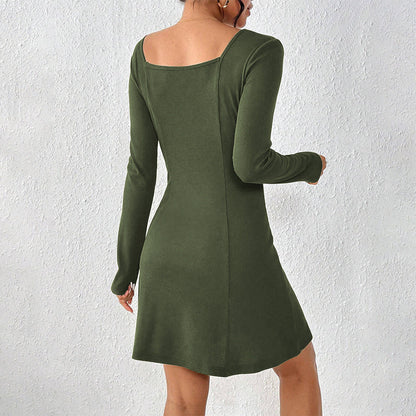 Damen Knopfleiste Kleid Langarm Quadrat-Ausschnitt