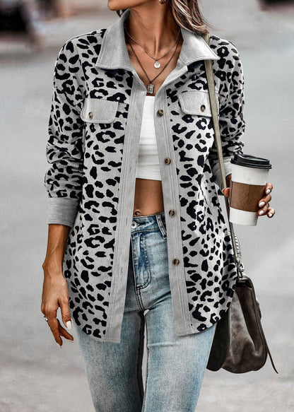 Damen Kordjacke Leo-Print Brusttaschen Eveloria