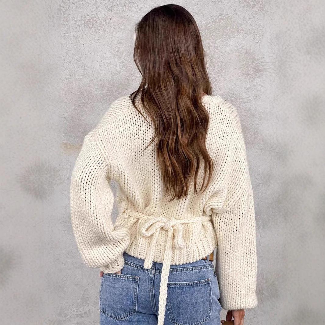 Damen Wickelpullover V-Ausschnitt Voluminöse Ärmel Eveloria
