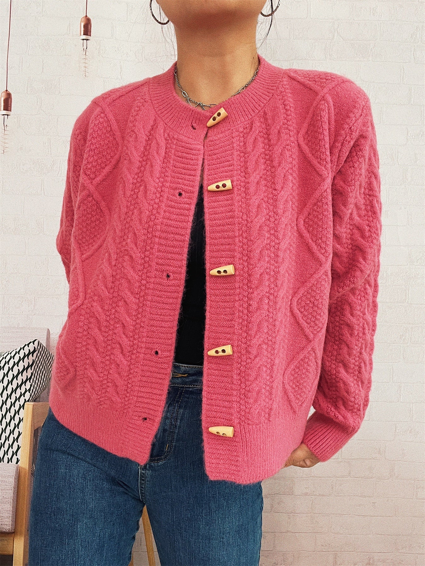 Damen Strickcardigan Weich Nautisches Design Beige Holzknöpfe