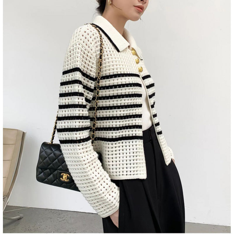Damen Strickcardigan Maritimes Streifenmuster Knöpfe Beige