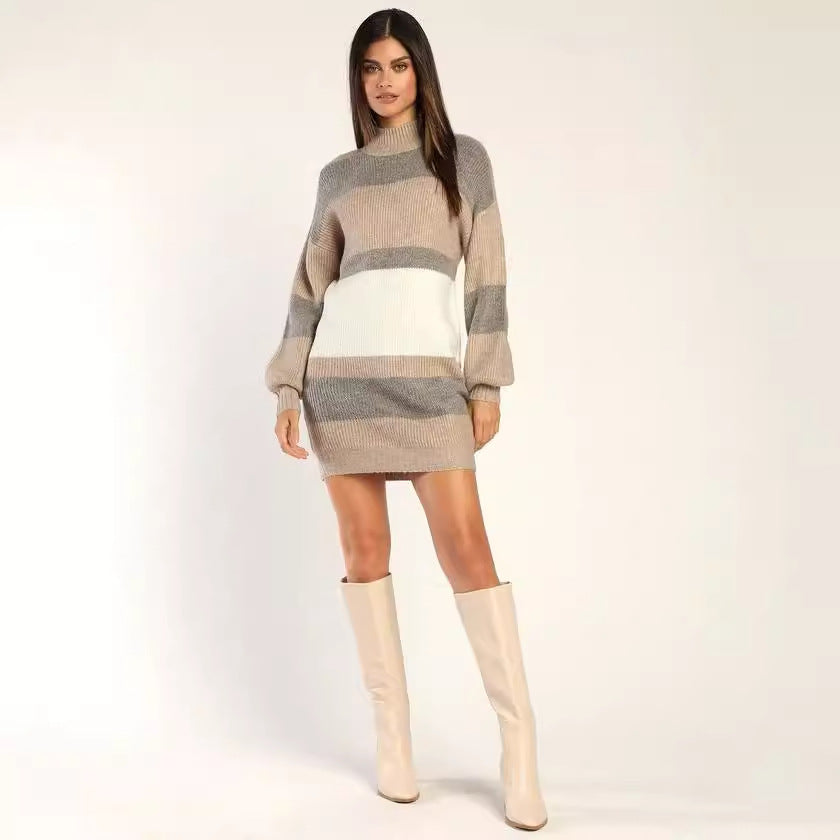Damen Strickkleid Rollkragen Streifenmuster