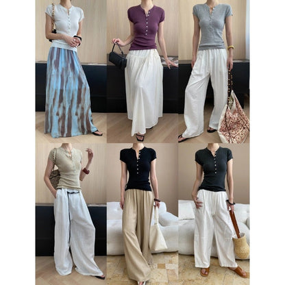 Damen Leinenhose Bequem Weit Schnitt Beige