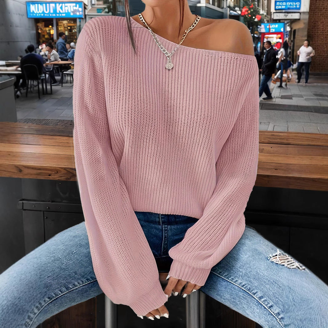 Damen Strickpullover Lässig Weites Design Offene Schulter Beige
