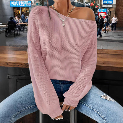 Damen Strickpullover Lässig Weites Design Offene Schulter Beige