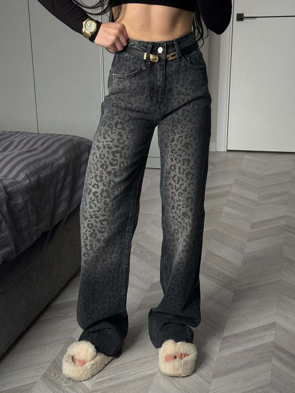 Damen Hochtaillierte Leopardenjeans Weites Bein - Eveloria