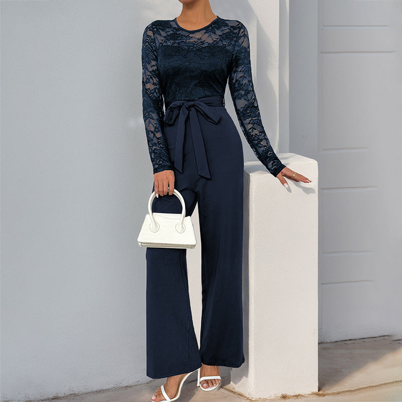 Damen Jumpsuit Spitzenoberteil Taillengürtel Eveloria