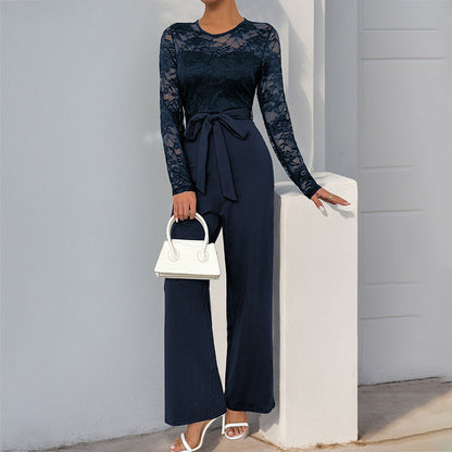 Damen Jumpsuit Spitzenoberteil Taillengürtel Eveloria