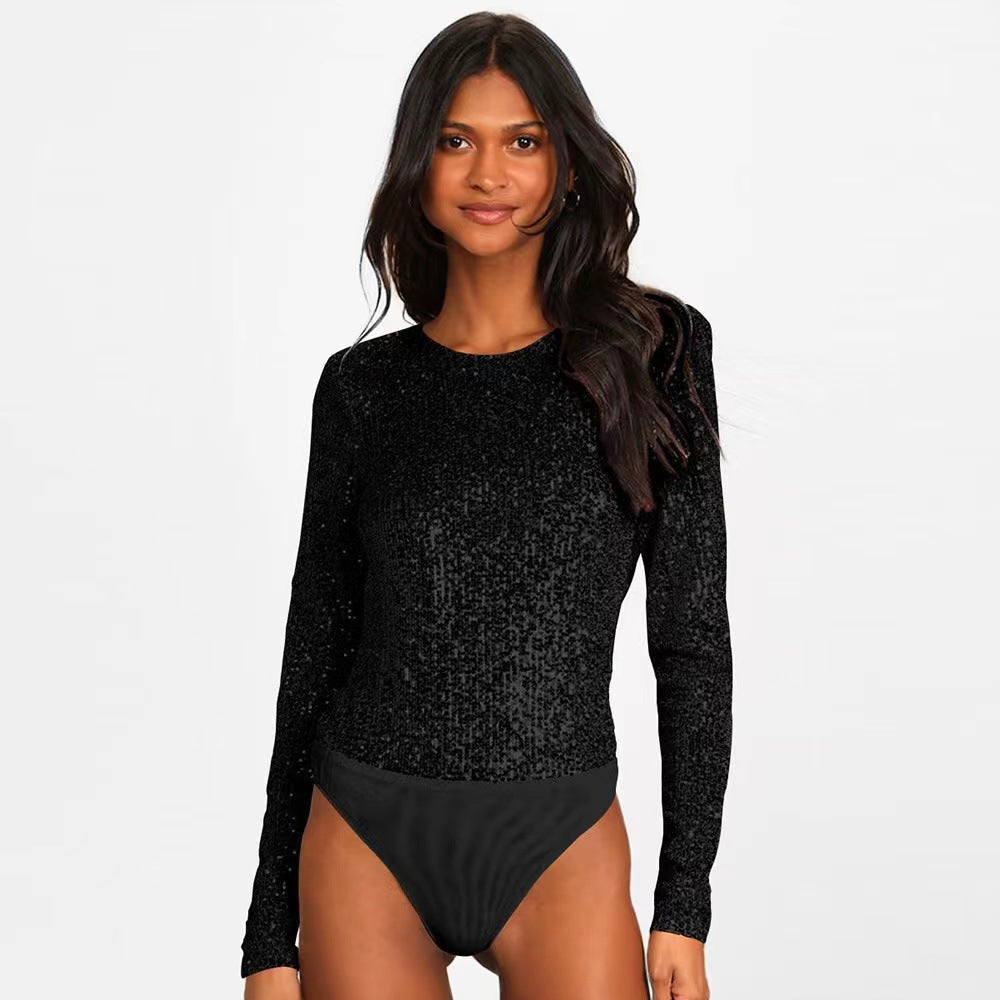 Damen Glitzerbodysuit Langer Ärmel Schimmerstoff Eveloria