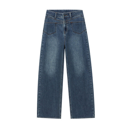 Damen High-Waist Jeans Weites Bein Baumwolle Bequem Blau