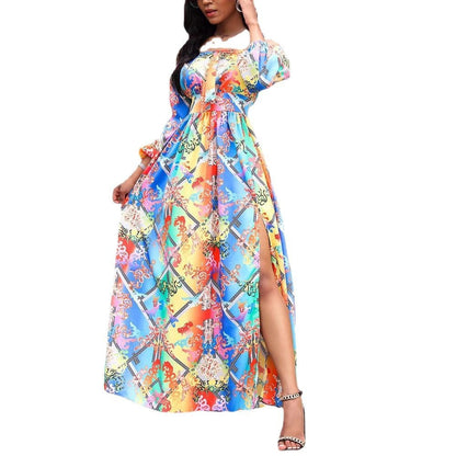 Damen Maxikleid Schulterfrei Elegant Print