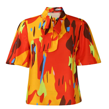 Damen Bluse mit Schleifenkragen und Muster Eveloria