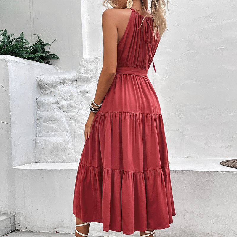 Damen Maxikleid V-Ausschnitt Taillengurt Voluminöser Rock