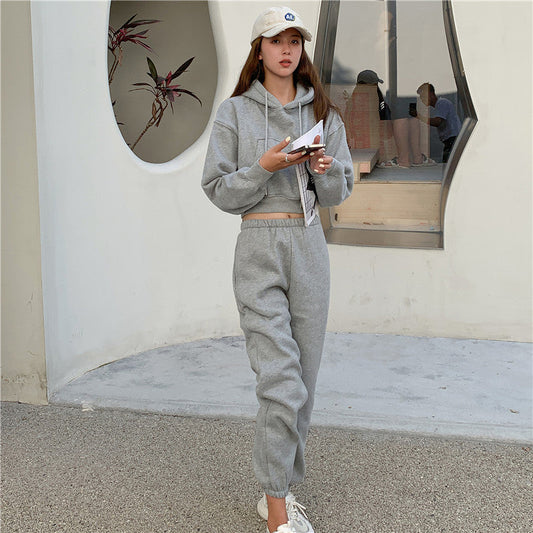 Damen Sportanzug-Set Cropped Hoodie Jogginghose Bequem Schwarz - Eveloria