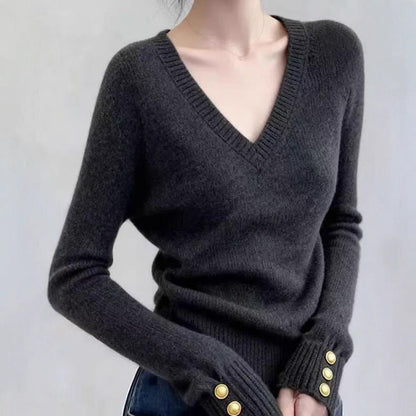 Damen Pullover V-Ausschnitt Feinripp mit Knöpfen Elegantes Design