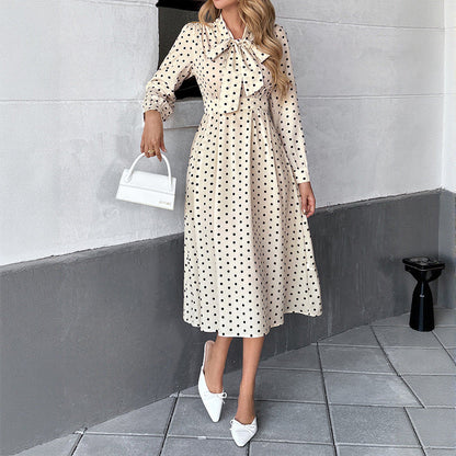 Damen Midi-Kleid Polka-Dot Bindekragen Langärmlig Eveloria